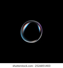 Vector graphics with the image of a soap bubble on a black background. A shiny circle filled with multicolored liquid for use in a creative design project.