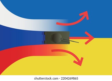 Vector graphics, images of flags of Russia and Ukraine, moving the tank on them