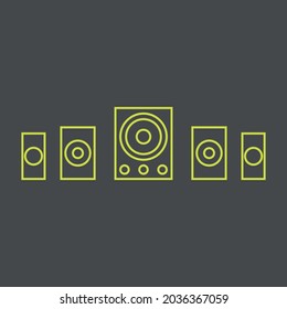 Vector graphics, images of sound systems, subwoofers , powerful speakers for discos , parties, icons of music systems, textures, yellow contours on a gray background