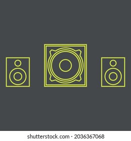 Vector graphics, images of sound systems, subwoofers , powerful speakers for discos , parties, icons of music systems, textures, yellow contours on a gray background