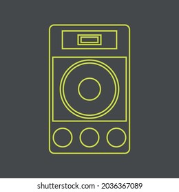 Gráficos vectoriales, imágenes de sistemas de sonido, subwoofers , potentes altavoces para discotecas , fiestas, íconos de sistemas musicales, texturas, contornos amarillos sobre un fondo gris