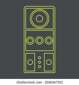 Vector graphics, images of sound systems, subwoofers , powerful speakers for discos , parties, icons of music systems, textures, yellow contours on a gray background