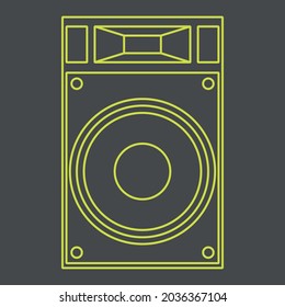 Vector graphics, images of sound systems, subwoofers , powerful speakers for discos , parties, icons of music systems, textures, yellow contours on a gray background