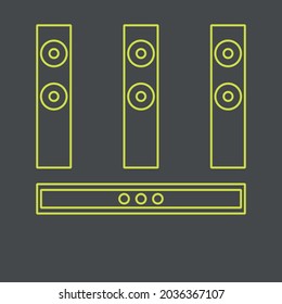 Vector graphics, images of sound systems, subwoofers , powerful speakers for discos , parties, icons of music systems, textures, yellow contours on a gray background