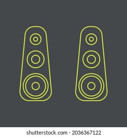 Vector graphics, images of sound systems, subwoofers , powerful speakers for discos , parties, icons of music systems, textures, yellow contours on a gray background