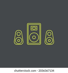 Gráficos vectoriales, imágenes de sistemas de sonido, subwoofers , potentes altavoces para discotecas , fiestas, íconos de sistemas musicales, texturas, contornos amarillos sobre un fondo gris