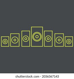 Vector graphics, images of sound systems, subwoofers , powerful speakers for discos , parties, icons of music systems, textures, yellow contours on a gray background