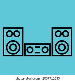 Vector graphics, images of sound systems, subwoofers , powerful speakers for discos, icons of music systems for applications and programs, textures, black outlines of images on a blue background