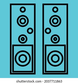 Vector graphics, images of sound systems, subwoofers , powerful speakers for discos, icons of music systems for applications and programs, textures, black outlines of images on a blue background