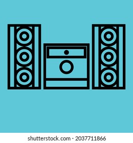Vector graphics, images of sound systems, subwoofers , powerful speakers for discos, icons of music systems for applications and programs, textures, black outlines of images on a blue background