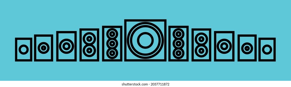 Vector graphics, images of sound systems, subwoofers , powerful speakers for discos, icons of music systems for applications and programs, textures, black outlines of images on a blue background