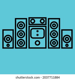 Vector graphics, images of sound systems, subwoofers , powerful speakers for discos, icons of music systems for applications and programs, textures, black outlines of images on a blue background