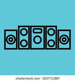 Vector graphics, images of sound systems, subwoofers , powerful speakers for discos, icons of music systems for applications and programs, textures, black outlines of images on a blue background