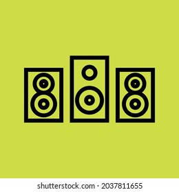 Vector graphics, images of sound systems, subwoofers , powerful speakers for discos, icons of music systems for applications and programs, textures, black outlines of images on a yellow background