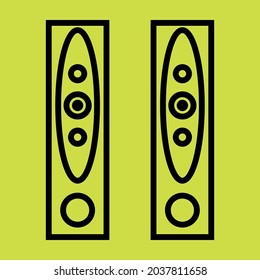 Vektorgrafiken, Bilder von Soundsystemen, Subwoofer , leistungsstarke Lautsprecher für Diskotheken, Symbole von Musiksystemen für Anwendungen und Programme, Texturen, schwarze Bilderkonturen auf gelbem Hintergrund
