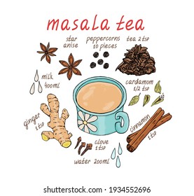 Vector graphics of Indian masala tea recipe isolated on white background. Milk, water, cardamom, star anise, cinnamon, peppercorns, ginger, tea, cloves illustration hand drawn.