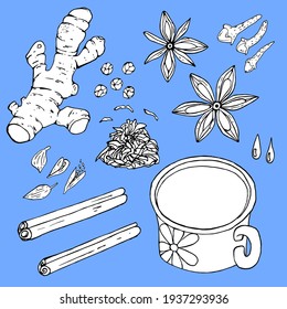 Vector graphics of Indian masala tea recipe on blue background. Milk, water drops, cardamom, star anise, cinnamon, peppercorns, ginger, black tea, cloves black and white contour illustration.