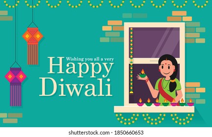 Vector Graphics of Indian Women Lighting Oil Lamp Diya in Window, Building Apartment decorated with Lanterns for Festival of Lights, on the Occasion of Shubh Dipavali aka Happy Diwali with Wishes.