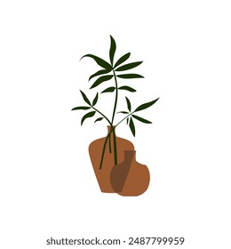 Vector graphics of indoor plants vector illustrations set. Realistic house plants in handmade pots. Exotic flower with stem and leaves.
