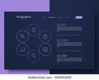 Vector graphics infographics with six options. Template for creating mobile applications, workflow layout, diagram, banner, web design, business reports with 6 steps. Stock vector