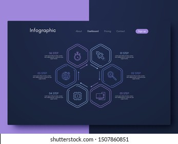 Vector graphics infographics with six options. Template for creating mobile applications, workflow layout, diagram, banner, web design, business reports with 6 steps. Stock vector