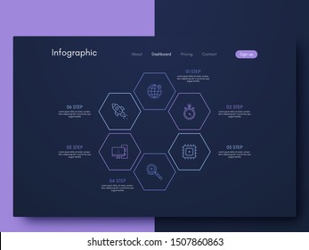 Vector graphics infographics with six options. Template for creating mobile applications, workflow layout, diagram, banner, web design, business reports with 6 steps. Stock vector