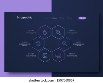 Vector graphics infographics with six options. Template for creating mobile applications, workflow layout, diagram, banner, web design, business reports with 6 steps. Stock vector