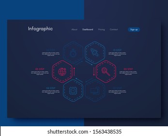 Vector graphics infographics with six options. Template for creating mobile applications, workflow layout, diagram, banner, web design, business reports with 6 steps. Stock vector