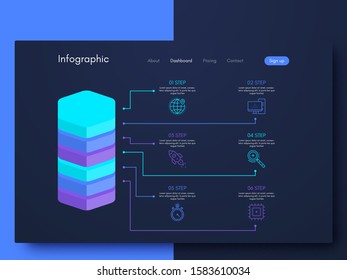 Vector graphics infographics with six options. Template for creating mobile applications, workflow layout, diagram, banner, web design, business reports with 6 steps. Stock vector
