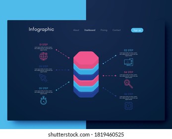 infografía gráfica vectorial con seis opciones. Plantilla para crear aplicaciones móviles, diseño de flujo de trabajo, diagrama, banner, diseño web, informes de negocios con 6 pasos. Vector de acciones