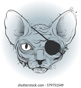 vector graphics, ink drawing, bald cat pirate with an eye patch on a light background