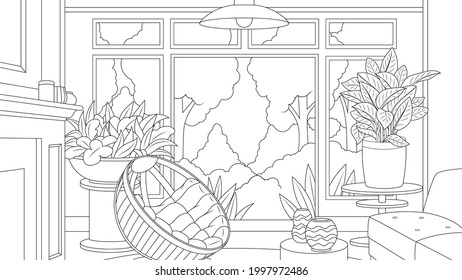 Vector graphics, interior with flowers and a beautiful view of the garden, coloring book