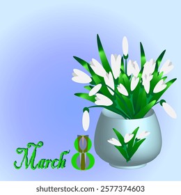 Vector graphics. International Women's Day, March 8. A bouquet of white snowdrops in a light vase.