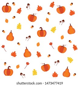 Vector graphics. Isolated autumnal pattern with pumpkins, leaves, acorns, mushrooms. Bright colors. White background. 
