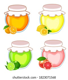 Vector graphics of jam, jar, conservation. Jam orange, lemon, grapefruit, lime, fruit juice