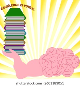 Vector graphics. Knowledge is power. Abstraction. The brain in a strong, pumped up hand holds a stack of books.