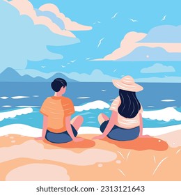 Vector graphics vector landscape in flat style landscape beach people man and woman on vacation sitting on the shore looking at the ocean seagulls mountains bright flat illustration