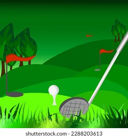 Vector graphics. Landscape in a green background. Golf course, white ball, club, holes and red flags.