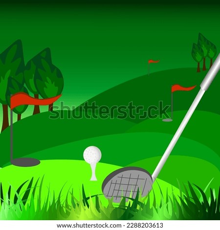 Vector graphics. Landscape in a green background. Golf course, white ball, club, holes and red flags.