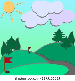 Vector graphics. The landscape is green hills and trees, red flags and golf holes. There are cardboard clouds and the sun in the sky.