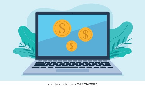 Vector graphics of a laptop with coin icons with a dollar symbol appearing on the screen. There are plants behind the laptop. Falt style graphics.