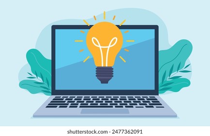 Vector graphics of a laptop with a light bulb on the screen. There are leaves in the background behind the laptop. Flat style graphics.