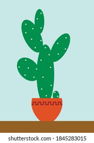 Vector graphics - a large green cactus in a terracotta flower pot with a geometric pattern