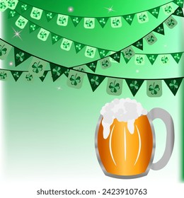 Vector graphics. A large mug of foamy beer on a light green background. At the top there are paper flags with the image of a clover leaf.