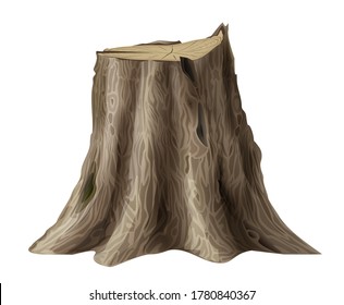 Vector graphics. Large old tree stump oak broken trunk. Forest landscape