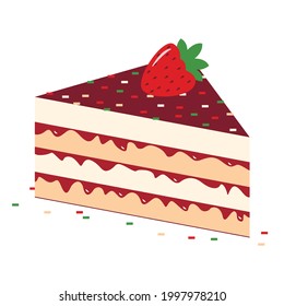 Vector graphics - a large piece of cake-a layer of souffle and jam with chocolate icing and fresh strawberries on top isolated close-up on a white background