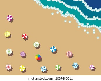 Vector graphics - a large sandy beach with colorful beach umbrellas, sea waves with white foam and copy space for text. The concept is a summer vacation.