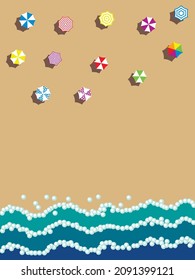 Vector graphics - a large sandy beach with colorful beach umbrellas, sea waves with white foam and copy space. The concept is a summer vacation and relax.