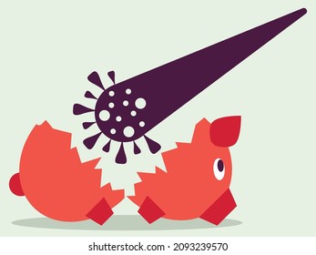 Vector graphics - a large sledgehammer in the form of a coronavirus molecule splits into two parts a piggy bank isolated and a copy space. Concept - the decline of the financial market into a pandemic