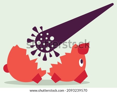 Vector graphics - a large sledgehammer in the form of a coronavirus molecule splits into two parts a piggy bank isolated and a copy space. Concept - the decline of the financial market into a pandemic